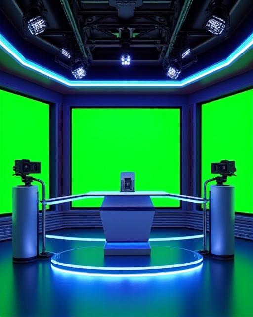 Moderne virtuele nieuwsstudio met groene schermen en camera's